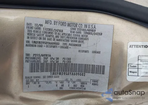 2000 Mercury Sable Ls Premium from USA, damaged, VIN 1MEFM59S8YA609082